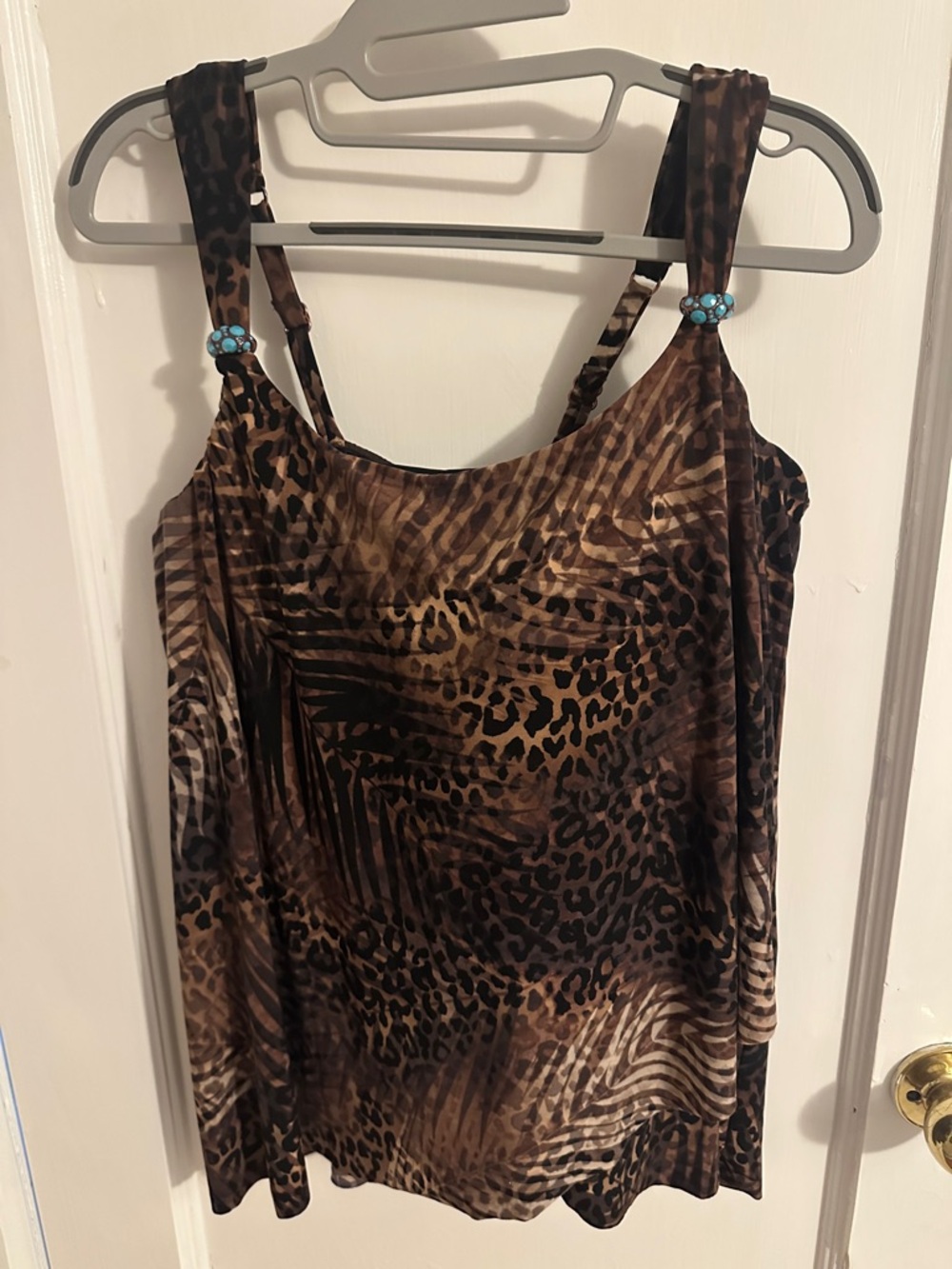 Miraclesuit Brown and Black Leopard Print Tankini Top with Turquoise Accents